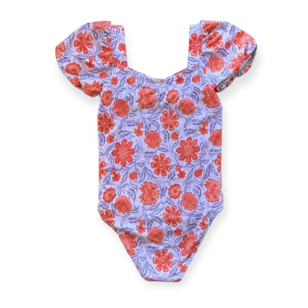 Janie and Jack Kids Girls Size 8 Floral Print One Piece Swimsuit Puff Sleeve Bow
